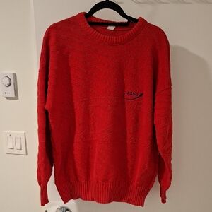 Vintage Men's Red Cotton Crewneck 'Esso' Embroidered Logo Sweater (Size L)
